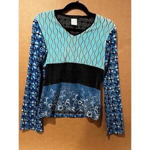 Custo Barcelona Top Turquoise Black Metallic Lace V Neck Medium Y2K Vintage